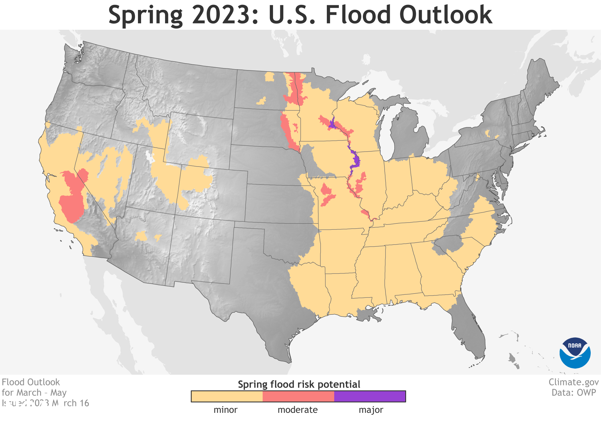Map depicting locations in the U.S. where there is a greater than 50% chance of minor to major flooding during March through May (image credit: NOAA)